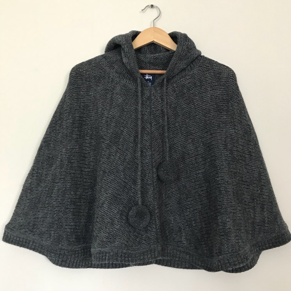 Stussy Sz M Wool pom pom poncho grey hooded